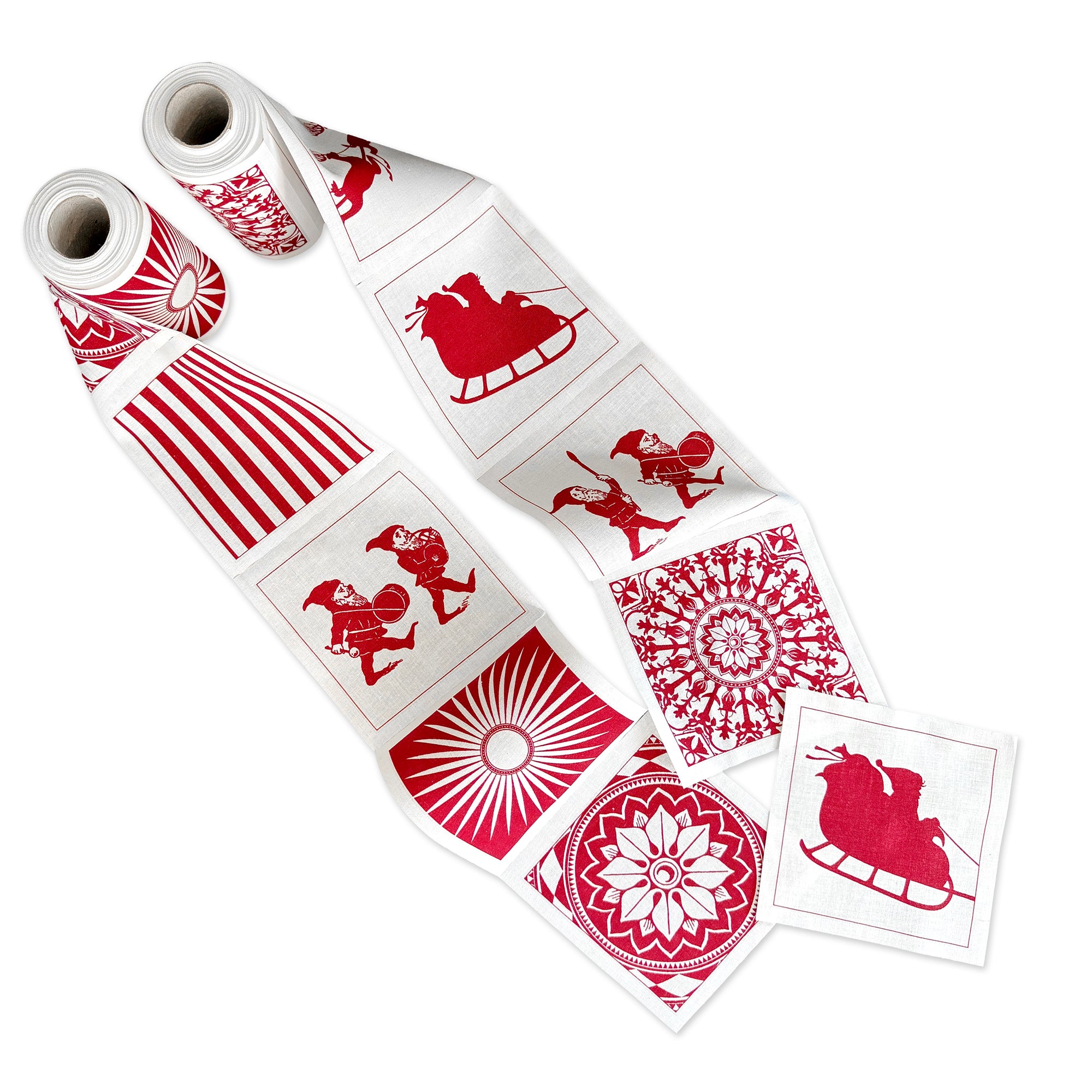 Cheer up any bathroom with decorative toilet paper rolls featuring red festive holiday patterns such as Santa on a sleigh, playful Santas, and geometric designs. For a cohesive seasonal charm throughout your home, pair them with the MY DRAP Holiday Fun Cocktail Napkin Rolls, Set of 2.