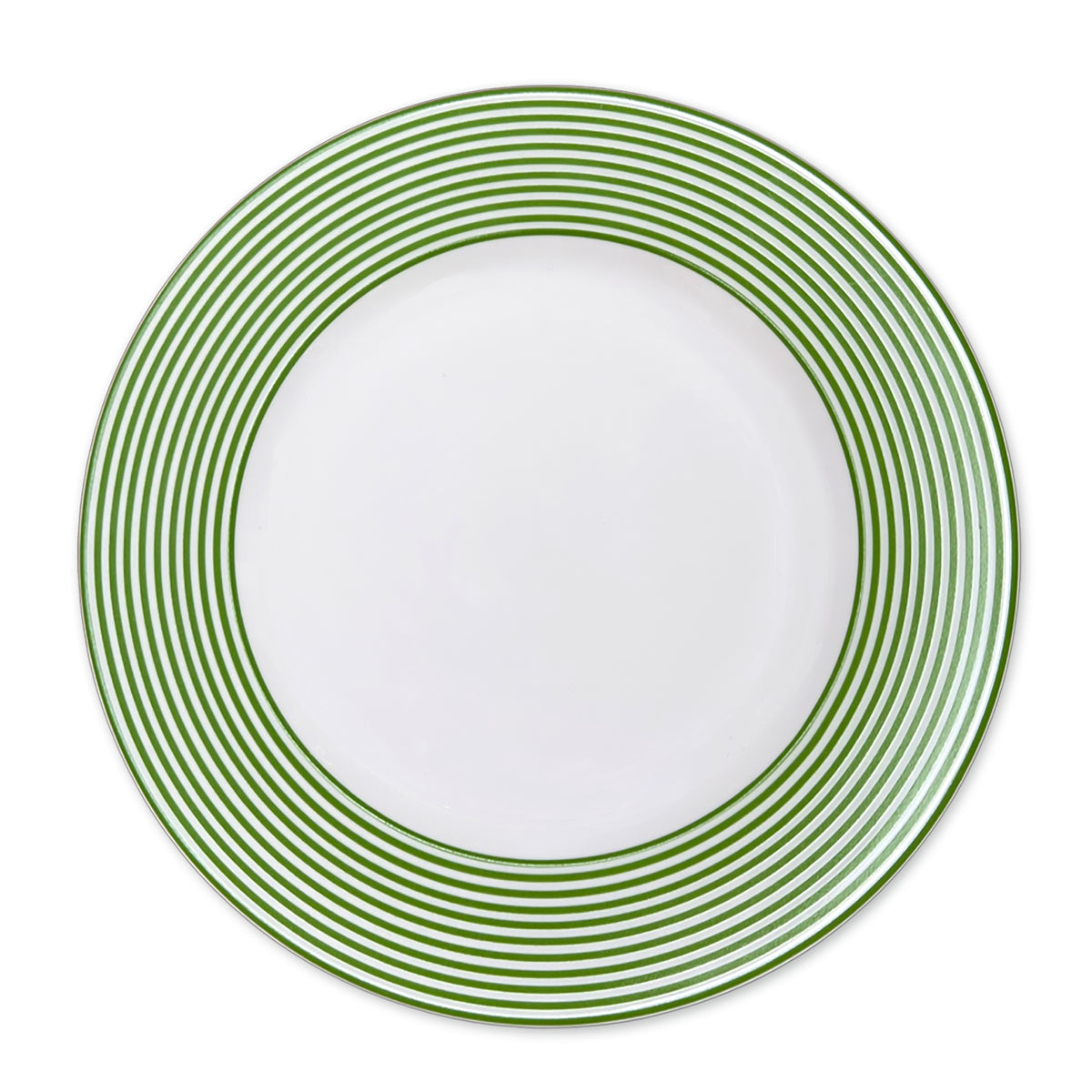 The Summer Stripes Dinner Bundle by Caskata includes a round white dinner plate with concentric green circles along the rim, ideal for refreshing your spring table.