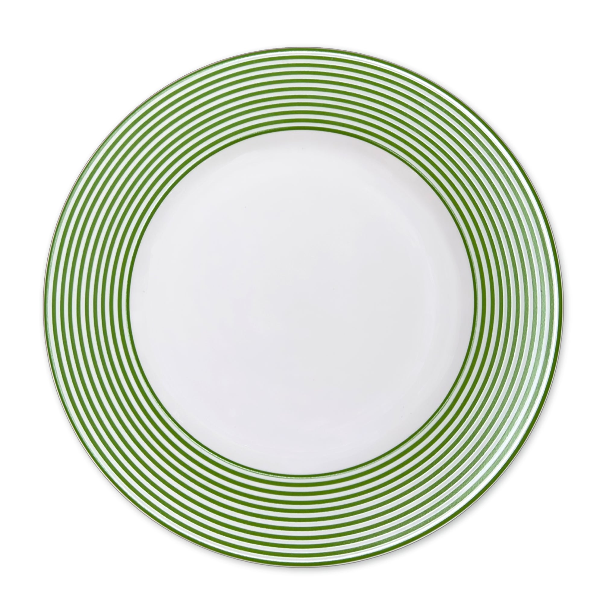 Discover Caskata's Summer Stripes Dinner Bundle to refresh your spring table: five round plates with green striped rims, four scalloped plates with green edges, and neatly folded green striped napkins.