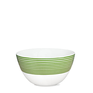 The Newport Stripe Verde Cereal Bowl by Caskata is crafted from high-fired white porcelain and showcases the unique Newport Stripe design with green horizontal stripes around the upper half.