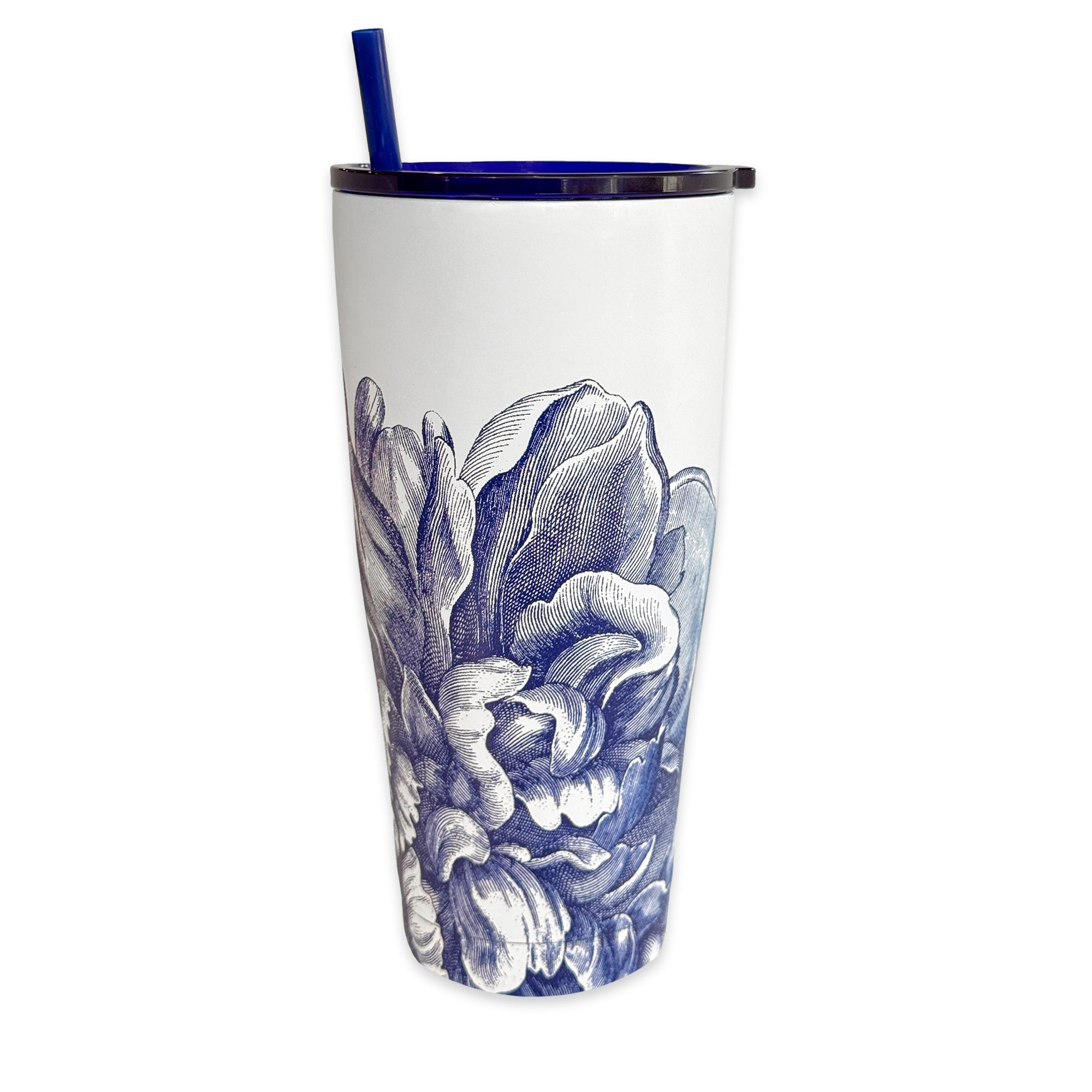 The Peony Stainless Steel Insulated Tumbler by Caskata features a blue floral design with a matching blue straw on a white base, combining style and functionality. Its stainless steel construction ensures your drink remains at the ideal temperature for an extended period.