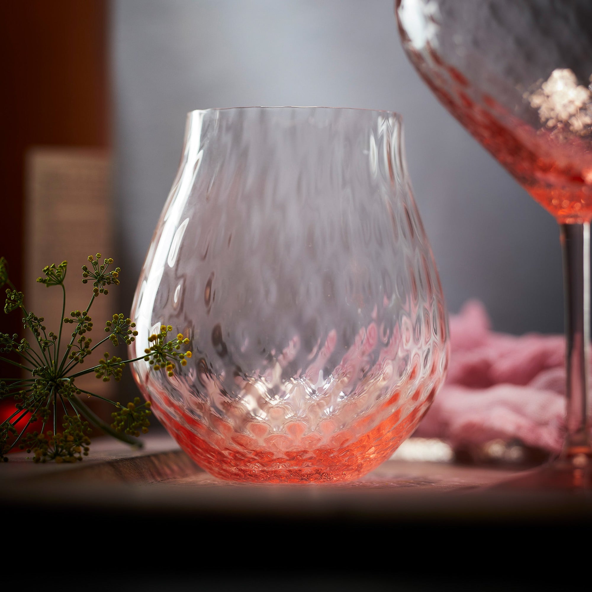 Phoebe rose pink crystal stemless tulip wine glasses from Caskata.