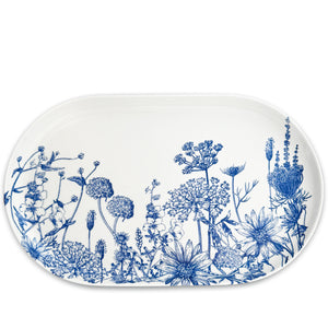 The Summer Blues Large Coupe Oval Platter by Caskata showcases exquisite blue floral illustrations on a white background and is crafted from high-fired porcelain.