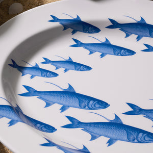 The Caskata School of Fish Melamine Oval Rimmed Platter is BPA-free and adorned with blue fish illustrations in a circular pattern, making it perfect for your outdoor dinnerware collection.