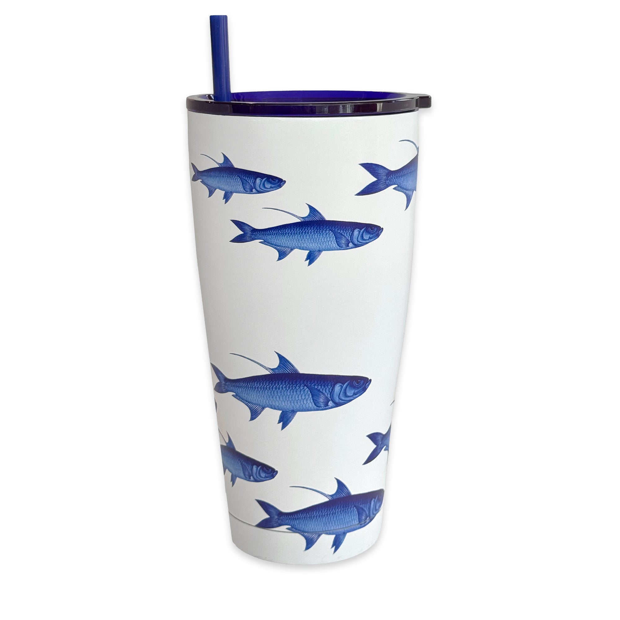 The School of Fish Stainless Steel Insulated Tumbler by Caskata features a white body with a blue fish design and comes with a matching blue straw. This vacuum-insulated drinkware ensures your beverages remain at the ideal temperature.