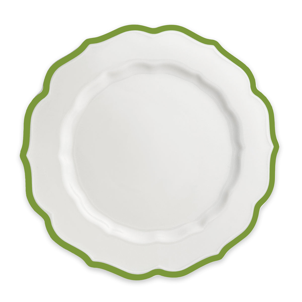 The Stella Scalloped Verde Dinner Plate by Caskata features a white design with a green border, embodying the timeless charm of vintage dinnerware.