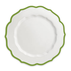 The Stella Scalloped Verde Dinner Plate by Caskata features a white design with a green border, embodying the timeless charm of vintage dinnerware.