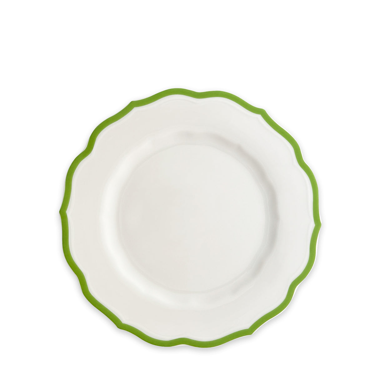 The Caskata Summer Stripes Dinner Bundle includes a white plate with a wavy, green-edged rim, ideal for refreshing your spring table against a plain backdrop.