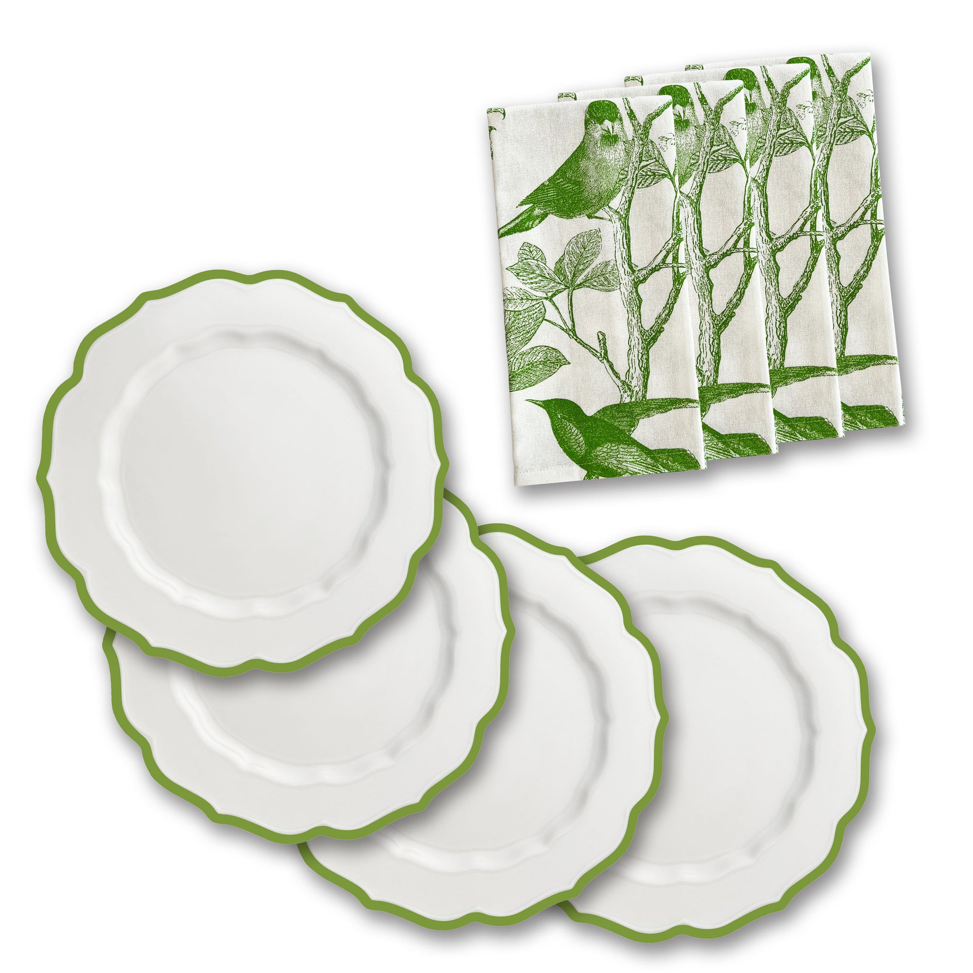 Caskata's Spring Green Essentials Bundle provides a perfect spring table refresh with four white plates featuring green edges and five white napkins adorned with green bird and branch designs.