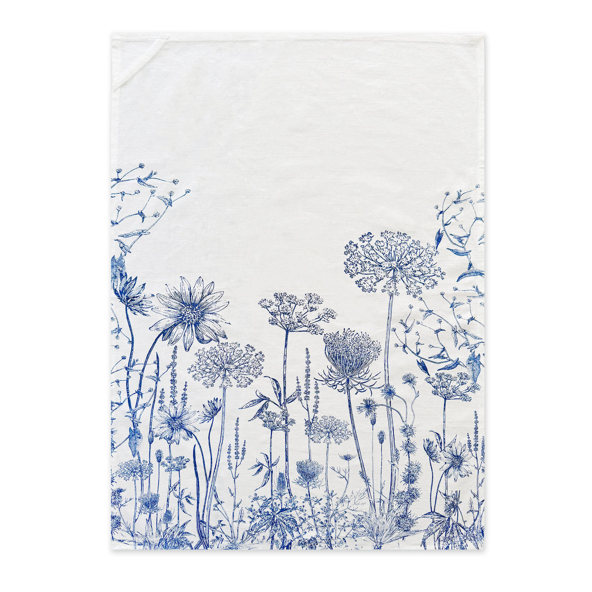 Introducing the Summer Blues Kitchen Towels by Caskata, a set of two charming towels featuring an elegant botanical design of blue wildflowers beautifully arranged on the bottom half. Ideal for bringing a touch of nature into your kitchen.