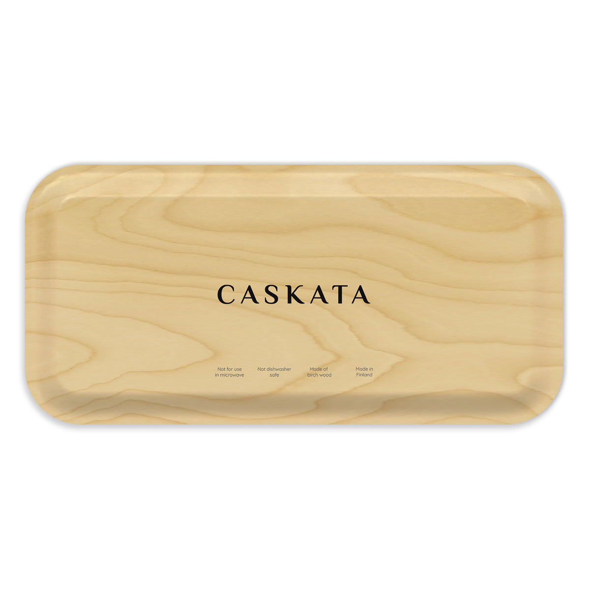 The Summer Blues Small Rectangular Birchwood Tray by Caskata is a perfect choice for eco-conscious individuals; it features the brand name &quot;Caskata&quot; in black uppercase letters at the center.