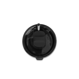 Top view of a black cap with a straw atop the Lucy Chrome Stainless Steel Insulated Tumbler by Caskata, set against a white background.