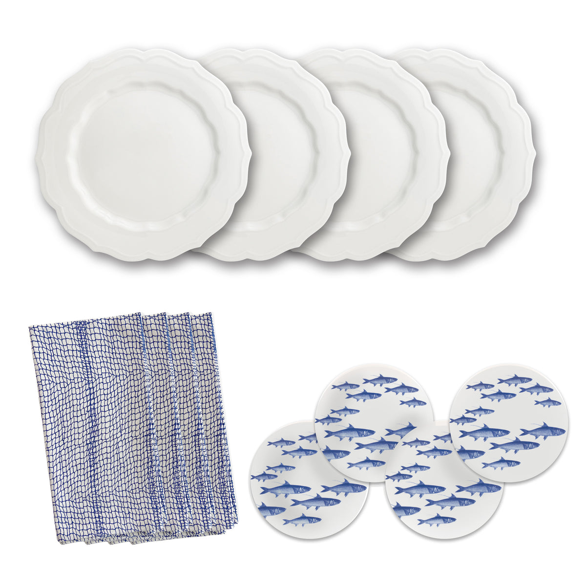 Refresh your spring table with Caskata&#39;s Today&#39;s Catch Luncheon Bundle, featuring four scalloped white plates, a blue and white checkered napkin set, and four charming small plates with blue fish patterns. Perfect for elegant yet simple gatherings. Embrace the season with style.